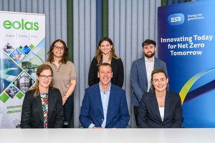 Group of six people in business attire posing for photograph, with two promotional banners in the background for Eolas magazine and ESB innovation for net zero