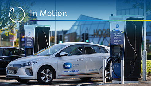 Photograph of electric car charging at ESB high power charge point, with superimposed text 'In Motion'
