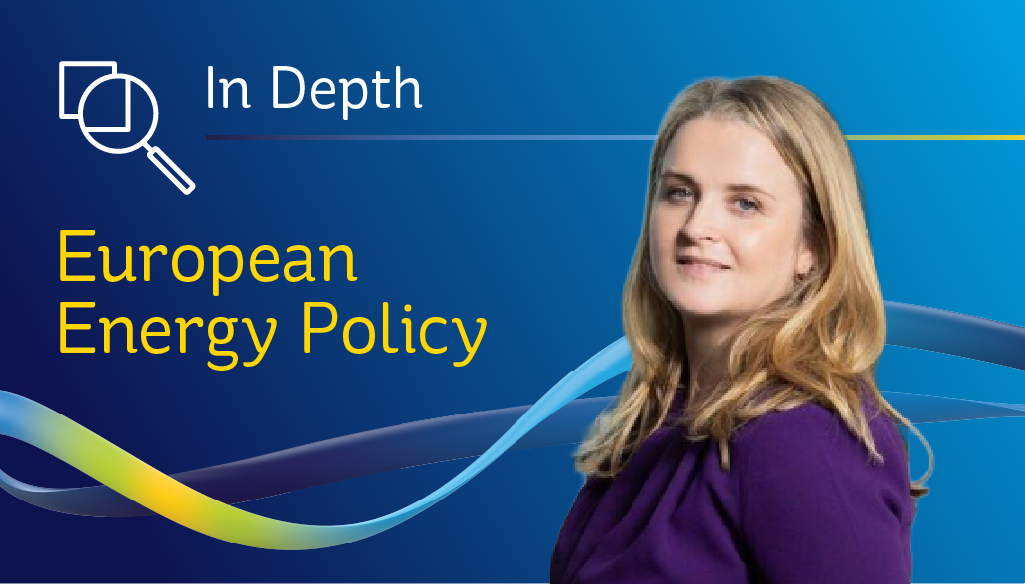 Text 'In Depth: European Energy Policy' and headshot of woman