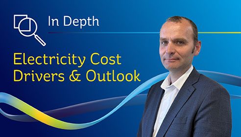Photograph of a man in business attire, with text 'In Depth: Electricity Cost Drivers and Outlook'