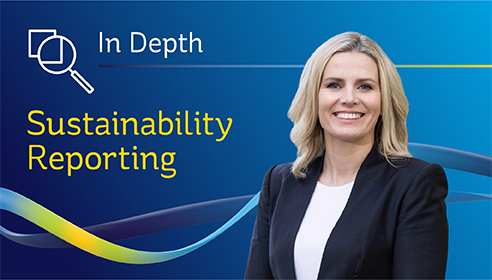 Graphic with title 'In Depth: Sustainability Reporting' with headshot photo of woman in business attire