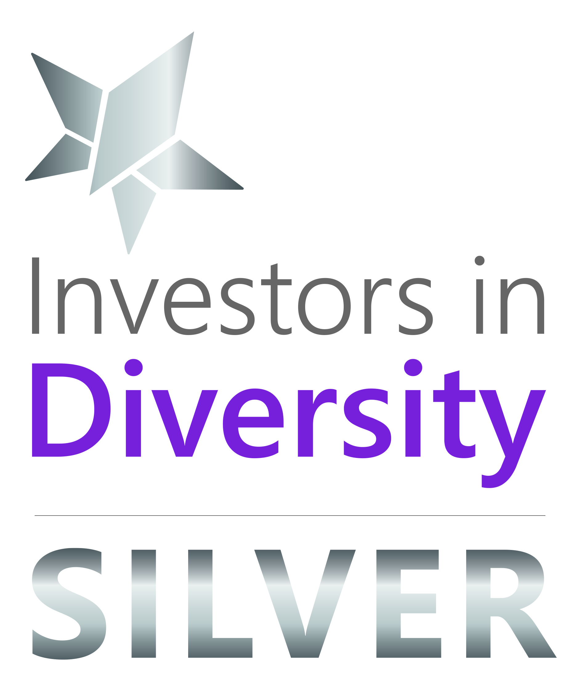 Purple and grey logo with the words Investor in Diversity Silver