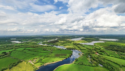 river shannon in rural Ireland with green fields bordering the rivers