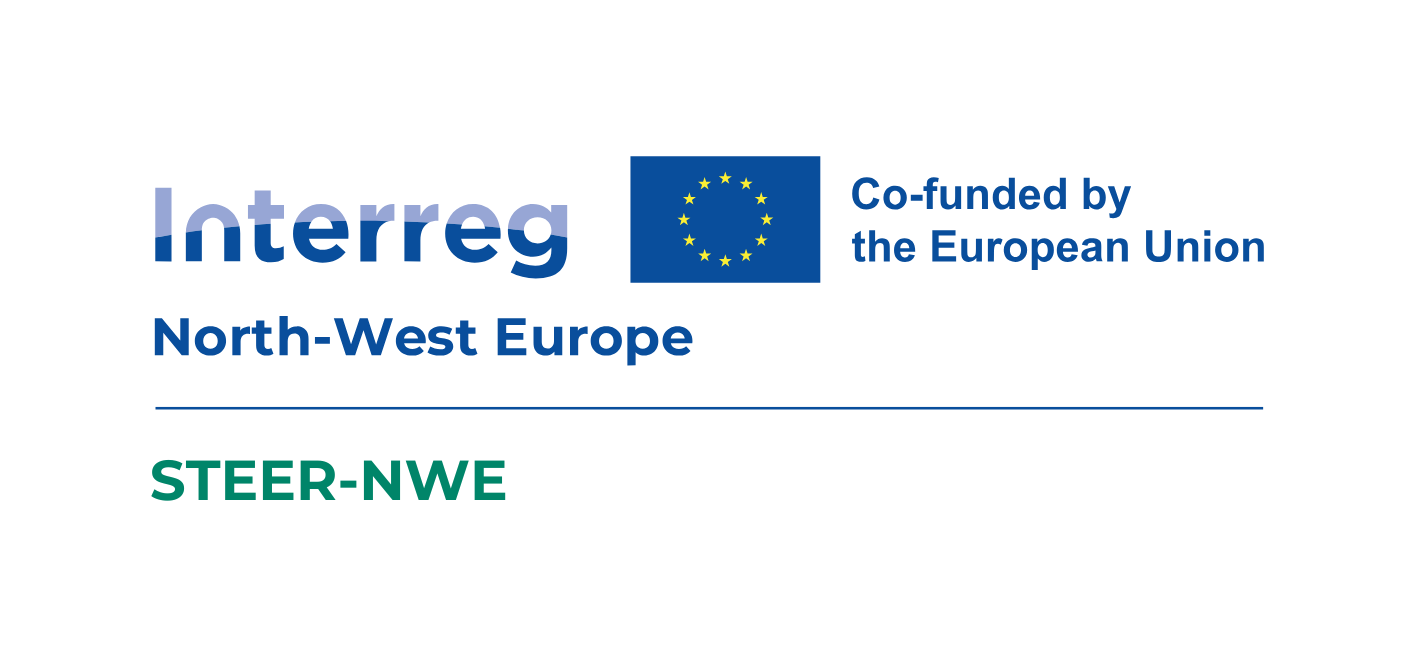 Steer Logo inclusive of 'Interreg Nort West Europe' The logo also displays the flag of the European Union with accompaying text of it being co-funded by the European Union