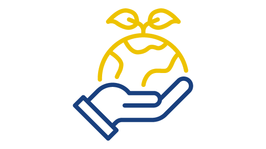 An icon image of a blue hand holding a semi circle world with two plant leaves on top of it