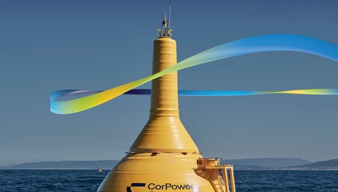 Yellow CorPower ocean energy device floating at sea with a blue and green wave graphic across the image.