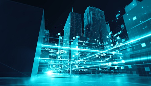 Illustration of a city with skyscapers with bright blue lines to depict dark fibre connectivity.