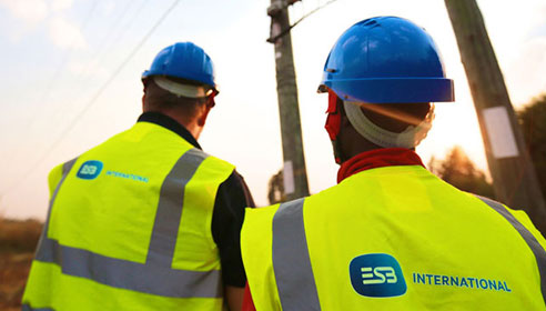 Two men with back facing to the camera wearing blue hard hats and yellow hi-vis jackets