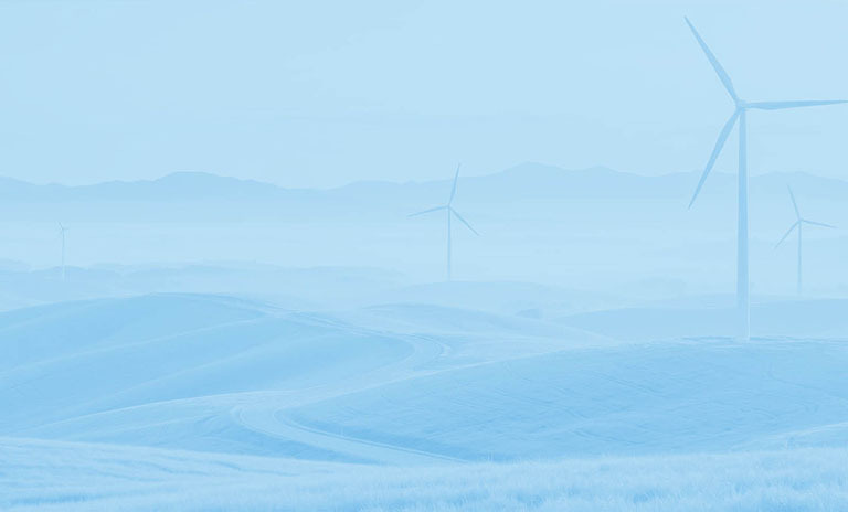 Stylised illustration of wind turbines against a blue landscape background, representing renewable energy and sustainable electricity generation.