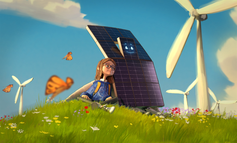 Branded banner in animation with a child sitting beside a solar panel with white turbines in background and blue sky and white clouds