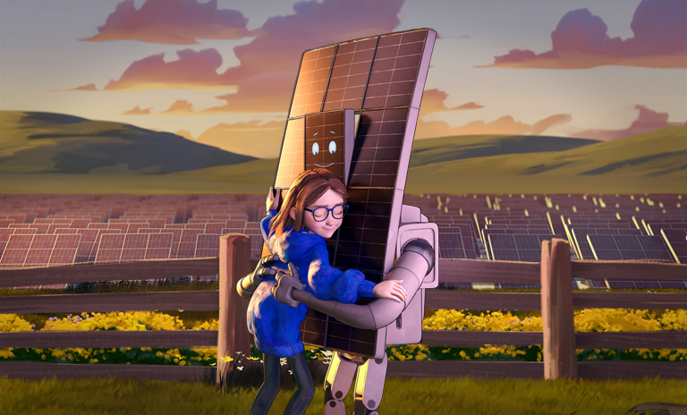Branded banner with child hugging an animated solar panel with rows of solar panels and a mountain and green grass in background