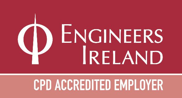 Orange coloured Engineers Ireland logo with white line in lower half with CPD Accredited Employer text. 