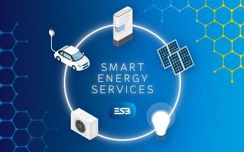 Graphic with text in middle and images of an electric vehicle, solar panel, light bulb and heat pump