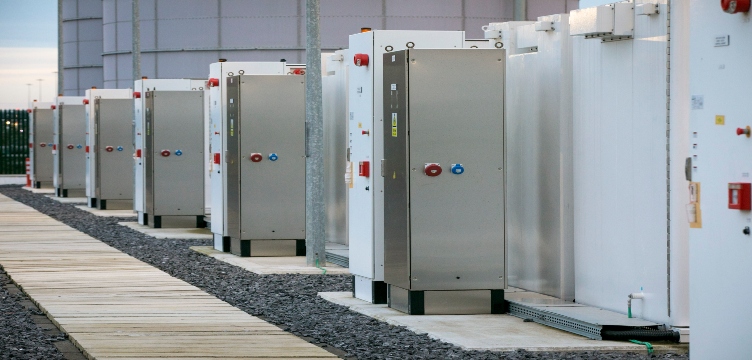 Row of five battery energy storage systems